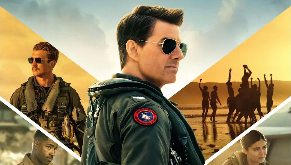 Top Gun: Maverick artwork: Maverick in aviators and flight jacket, flanked by fellow pilots and a beach football game