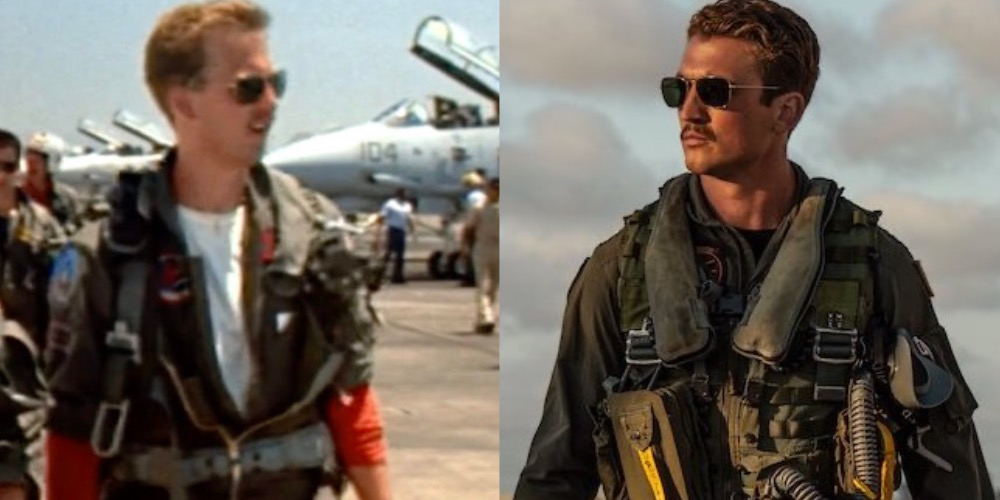 Side-by-side stills of Goose in Top Gun and Rooster in Top Gun: Maverick, both in flight gear