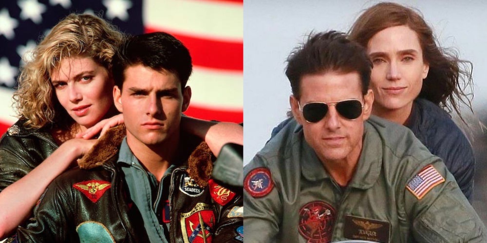 Tom Cruise in Top Gun with Kelly McGillis, beside Top Gun: Maverick with Jennifer Connelly