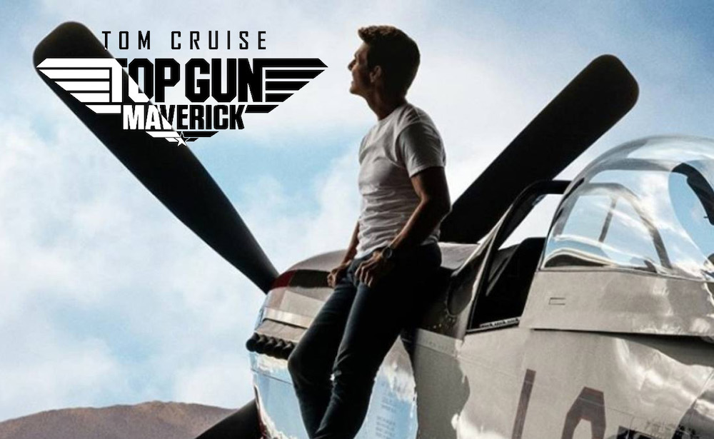 Top Gun: Maverick art: Maverick leans against a propeller plane under the title logo