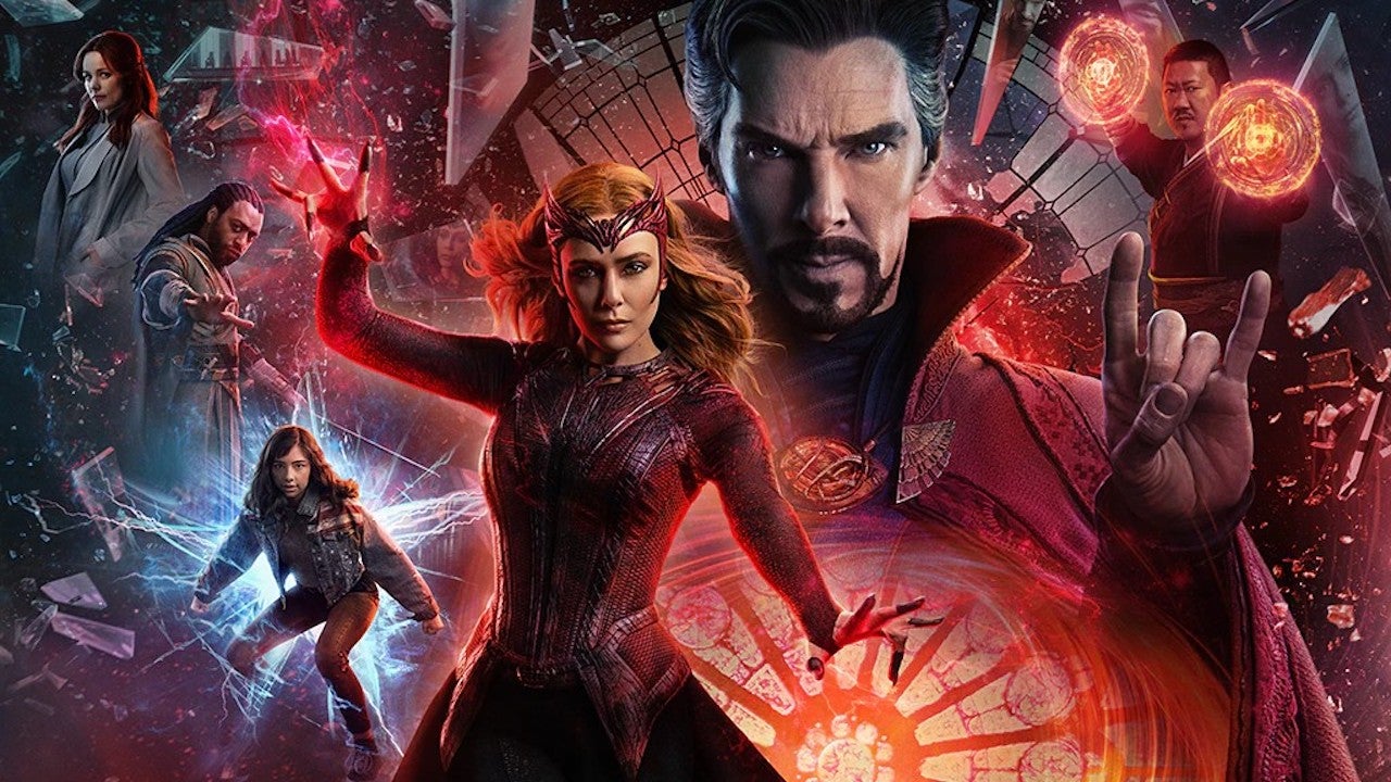 Poster for Doctor Strange in the Multiverse of Madness: Doctor Strange and Scarlet Witch amid swirling red magic
