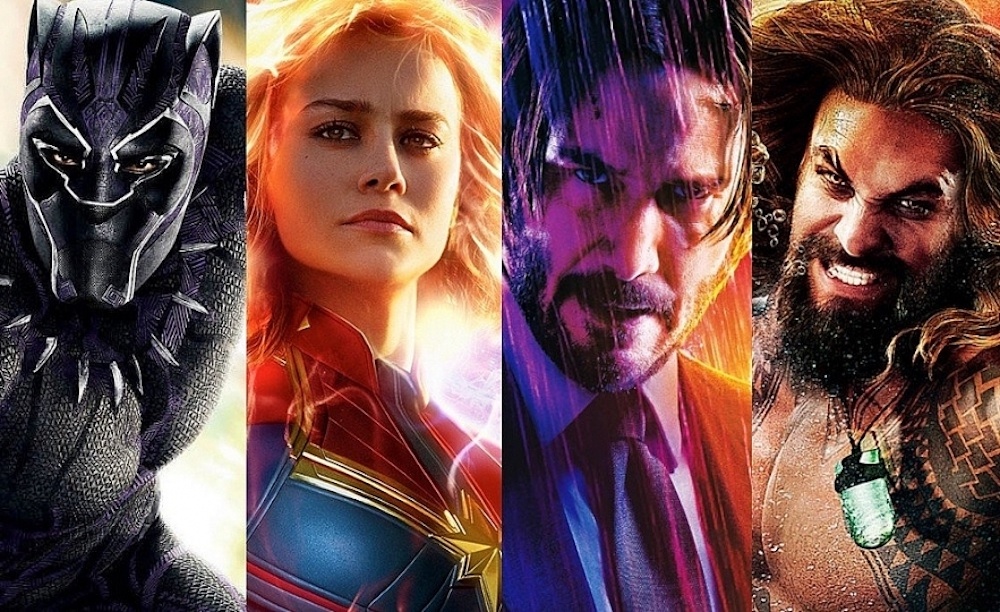 Banner of blockbuster characters: Black Panther, Captain Marvel, John Wick and Aquaman