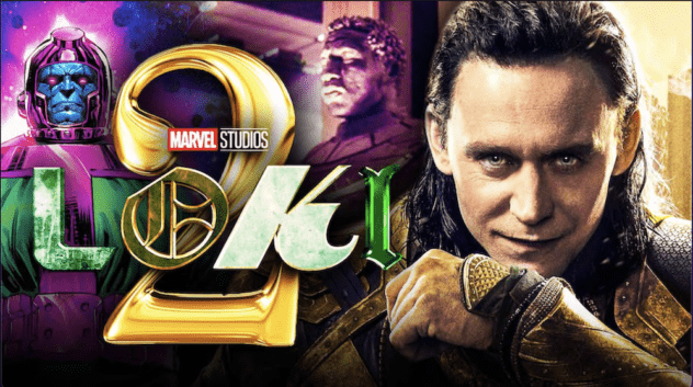 Loki Season 2 key art: Loki smirking beside the gold title, with Kang in the background