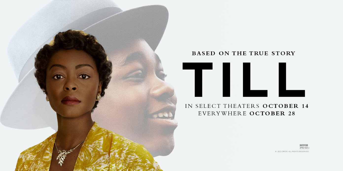 Banner for Till: Mamie Till in a white hat beside a smiling image of her son Emmett