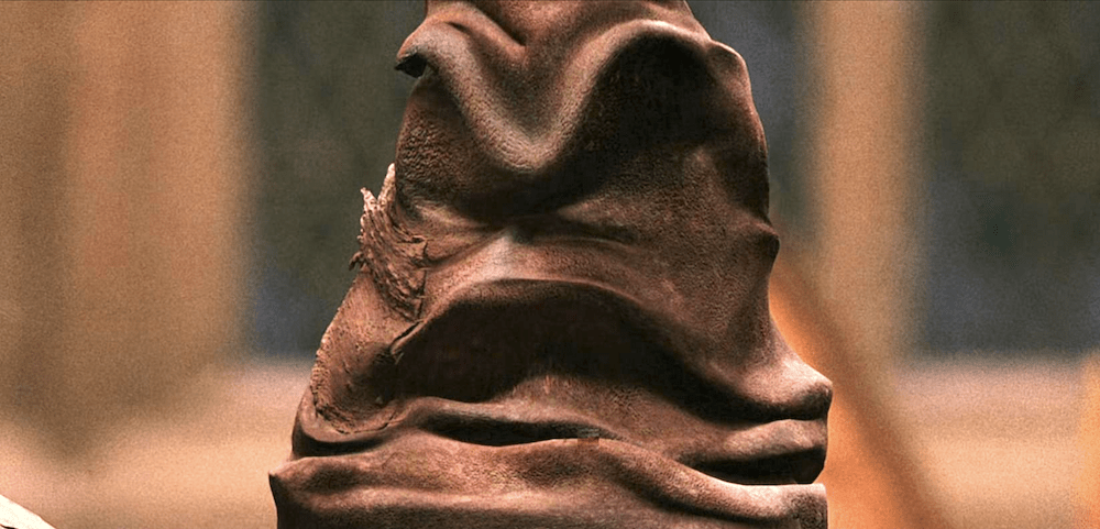 Still from Harry Potter and the Philosopher's Stone: close-up of the Sorting Hat, voiced by Leslie Phillips