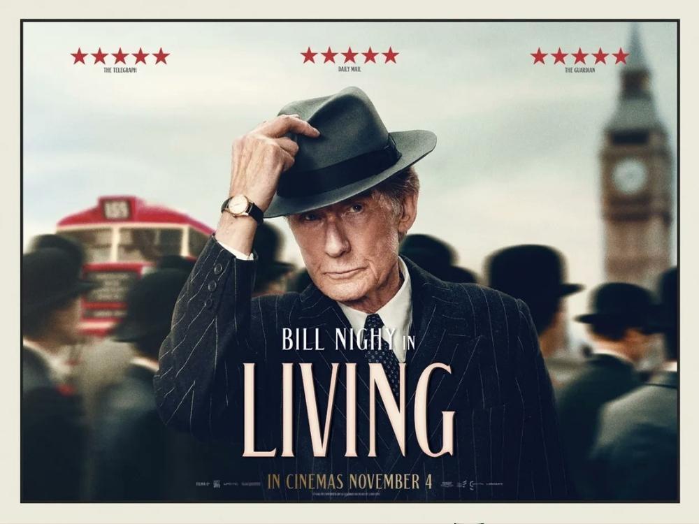 Poster for Living: Bill Nighy tips his hat in a London crowd, a red bus and Big Ben behind him