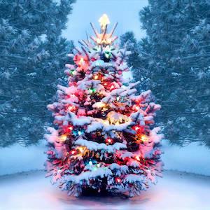 Snow-covered Christmas tree with colored lights in a wintry forest