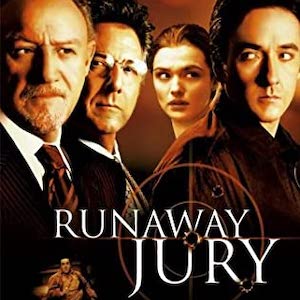 Poster for Runaway Jury: four stern faces of the cast above the title and a gun-sight crosshair