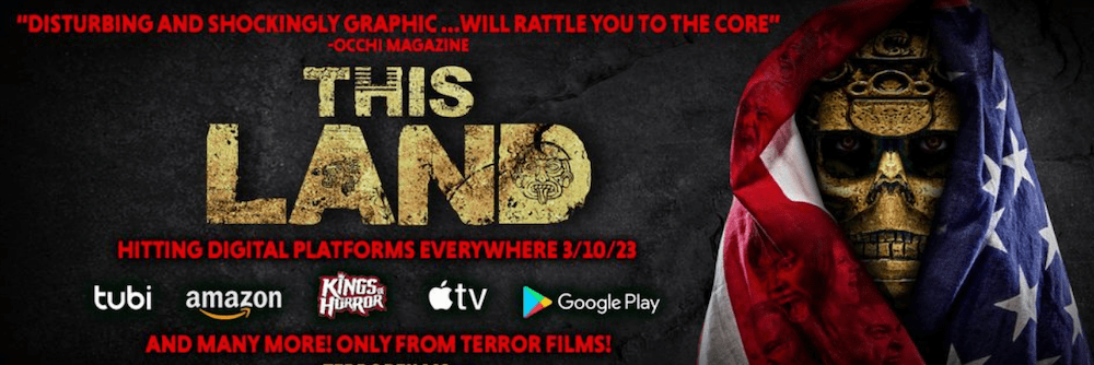 Banner for This Land: a skull-faced figure wrapped in an American flag, with streaming platform logos