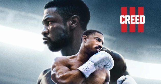 Creed III banner: Damian Anderson looms behind Adonis Creed in boxing gloves