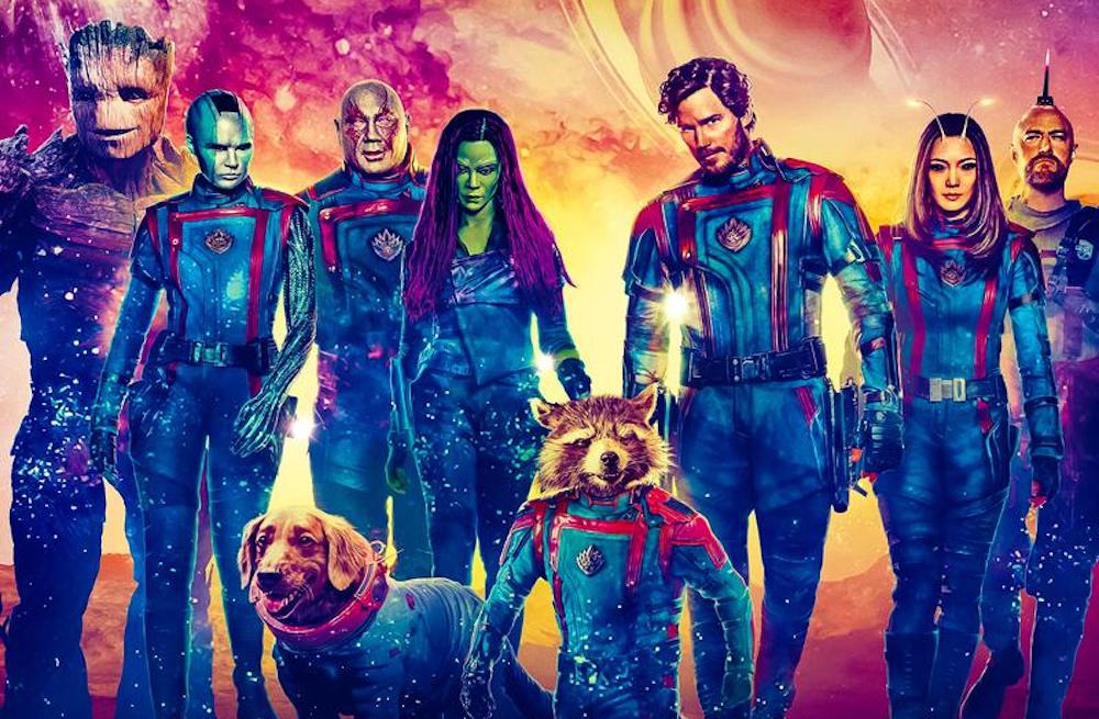 Poster art for Guardians of the Galaxy Vol. 3: the team in matching blue-and-red suits