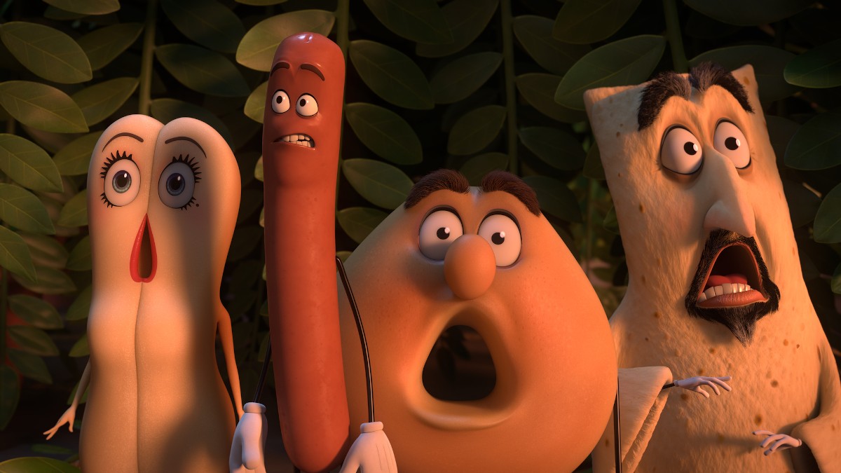 Still from Sausage Party: a hot dog bun, sausage, bagel and lavash stare in shock