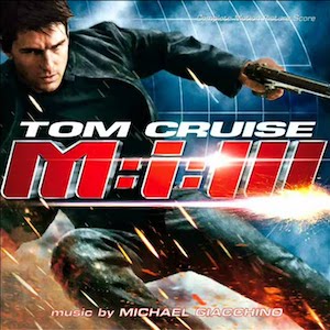 Mission: Impossible III soundtrack cover: Tom Cruise leaps with a gun beside the M:i:III logo