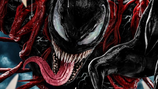 Venom art: Venom bares his fangs and tongue, wrapped in red Carnage tendrils
