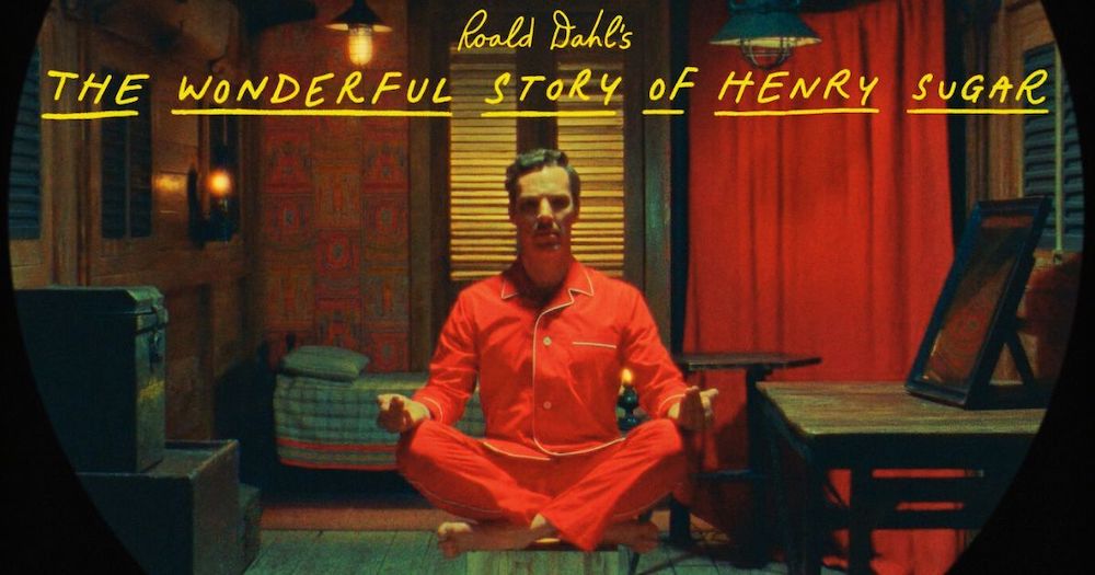 Title art for The Wonderful Story of Henry Sugar: a man in red pajamas meditates cross-legged