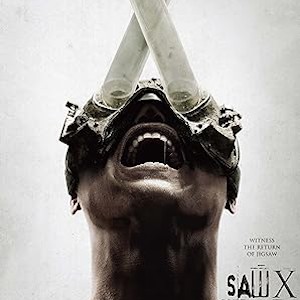 Poster for Saw X: a man's head locked in a trap device, looking upward