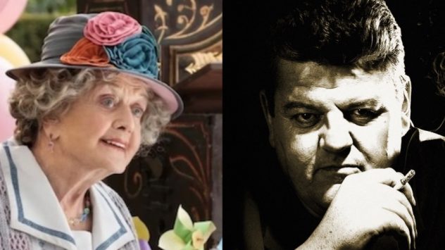 Memorial pairing of Angela Lansbury, in a flowered hat, and a black-and-white portrait of Robbie Coltrane