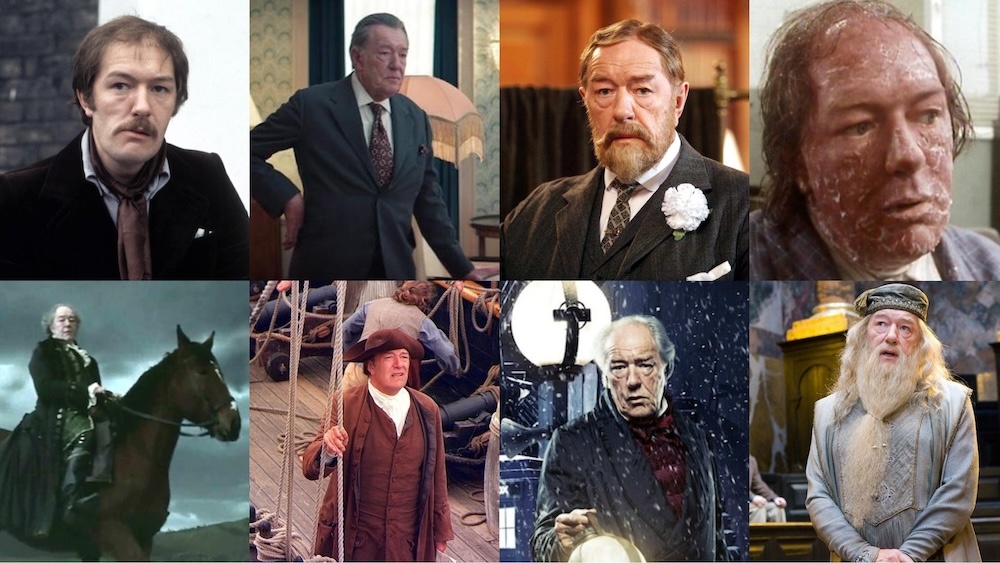 Collage of eight Michael Gambon roles, including Albus Dumbledore