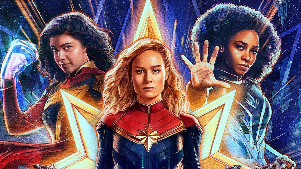 Poster for The Marvels: Captain Marvel, Ms. Marvel and Monica Rambeau ready for battle