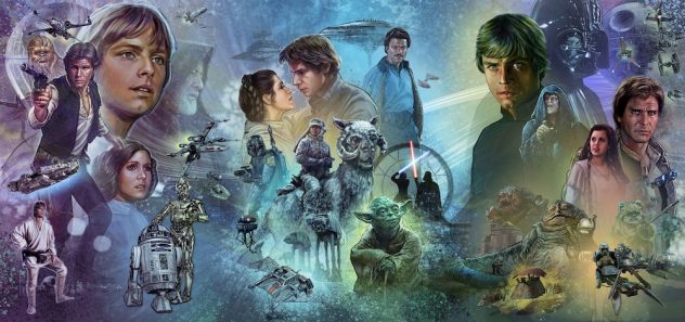 Painted collage of the original Star Wars trilogy: Luke, Leia, Han, Vader, Yoda and droids