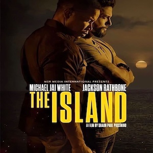 Poster for The Island: Michael Jai White and Jackson Rathbone back to back by the sea at dusk