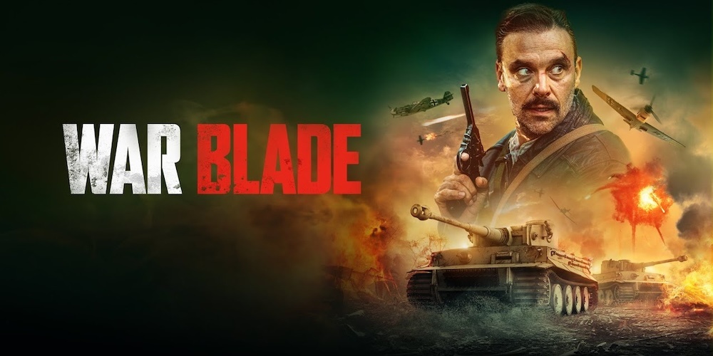 Title art for War Blade: a mustached soldier with a pistol above Tiger tanks and fighter planes amid explosions