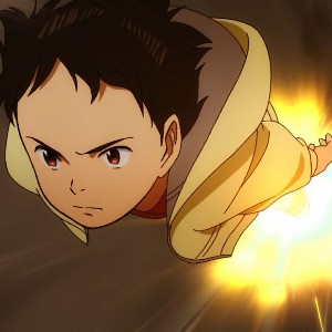 Still from the anime Pluto: a boy in a yellow hood flies through a burst of light