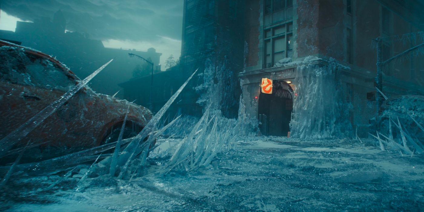 Still from Ghostbusters: Frozen Empire: the firehouse and street encased in giant ice spikes