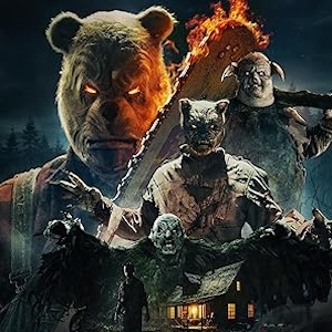 Poster for Winnie-the-Pooh: Blood and Honey 2: a monstrous Pooh with a flaming chainsaw, flanked by Tigger, Piglet, and Owl