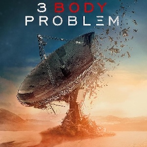 Poster for 3 Body Problem: a giant radar dish disintegrating into pixels in the desert