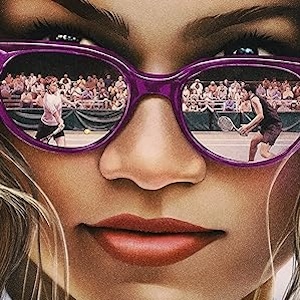 Poster for Challengers: a tennis match reflected in a woman's purple sunglasses