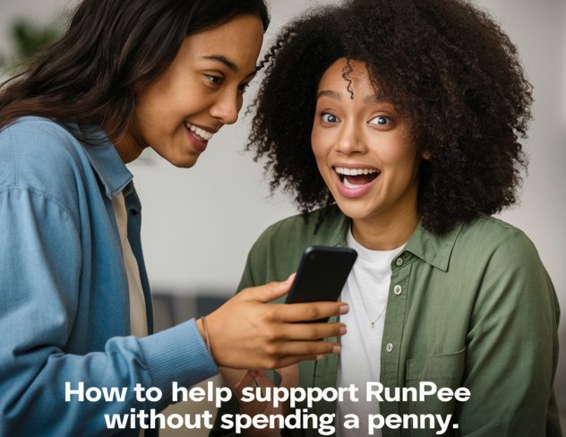 Two women smile at a phone under the headline "How to help support RunPee without spending a penny"