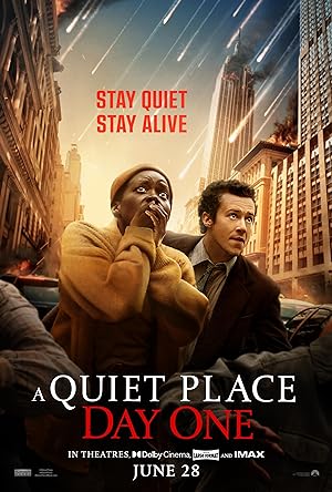 Poster for A Quiet Place: Day One: a woman covers her mouth as a man shields her amid a burning New York street