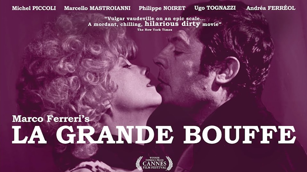 Poster for La Grande Bouffe: a man and a curly-haired blonde woman about to kiss, tinted magenta