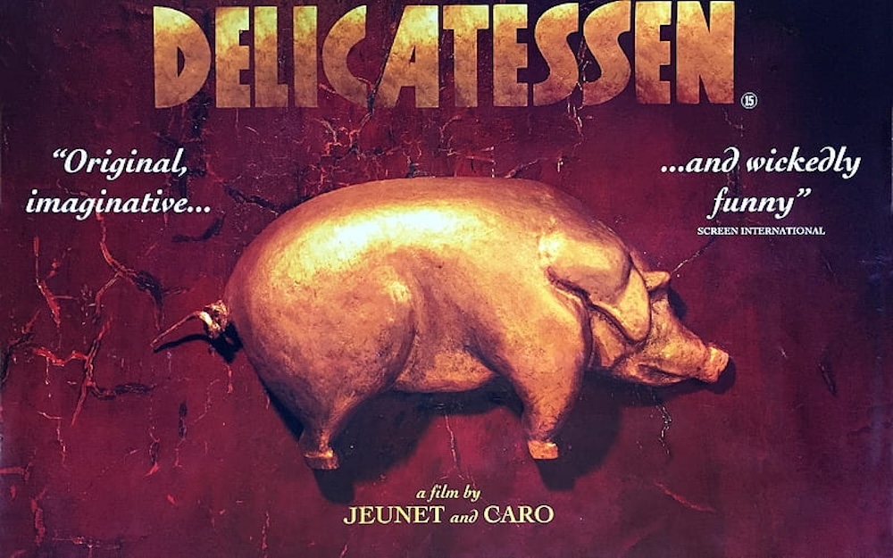 Poster for Delicatessen (1991): a golden pig statue under the title, by Jeunet and Caro