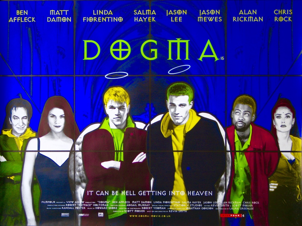 Poster for Dogma (1999): the cast in front of a blue stained-glass window, names across the top