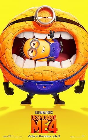 Poster for Despicable Me 4: a Mega Minion with a small Minion clamped in its huge mouth