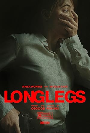 Poster for Longlegs: a woman clamps a hand over her mouth in fear above the red title