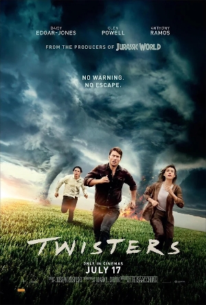 Poster for Twisters: three people run across a field ahead of a tornado