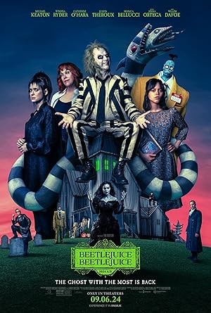 Poster for Beetlejuice Beetlejuice: Beetlejuice on a striped sandworm surrounded by the Deetz family and ghouls