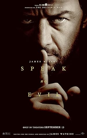 Poster for Speak No Evil: James McAvoy holds a finger to his lips in shadow