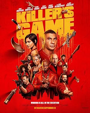 Poster for The Killer's Game: the assassin cast armed with knives, axes and guns on a red background