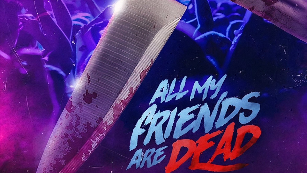 Poster for #AMFAD: All My Friends Are Dead: a bloody knife over a purple-lit party crowd