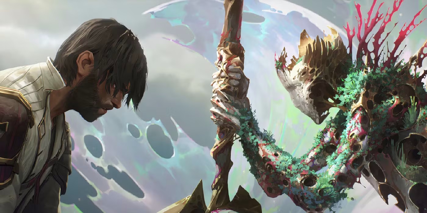 Still from Arcane Season 2: Jayce bows his head beside a twisted, overgrown staff
