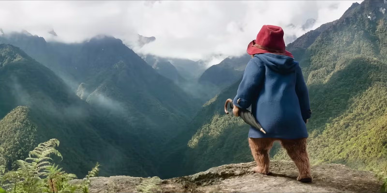Still from Paddington in Peru: Paddington in his red hat and blue coat overlooks misty jungle mountains