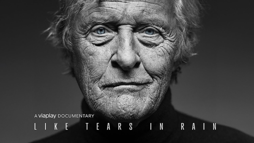 Black-and-white portrait of Rutger Hauer, title card for the documentary Like Tears In Rain