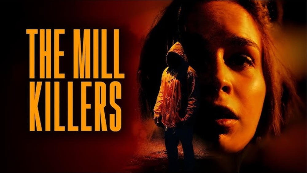 Title art for The Mill Killers: a frightened young woman's face beside a hooded figure in orange