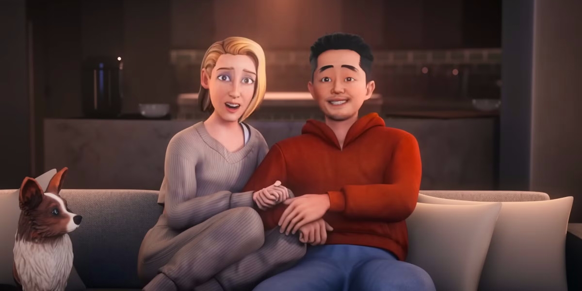 Still from Love Me: an animated couple sits close on a couch holding hands, a small dog beside them