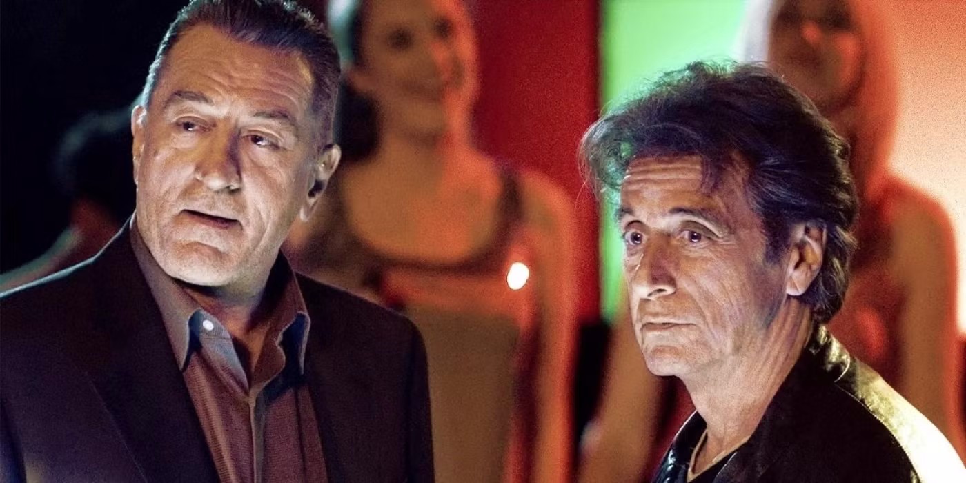 Robert De Niro and Al Pacino in Righteous Kill, standing in a dim nightclub