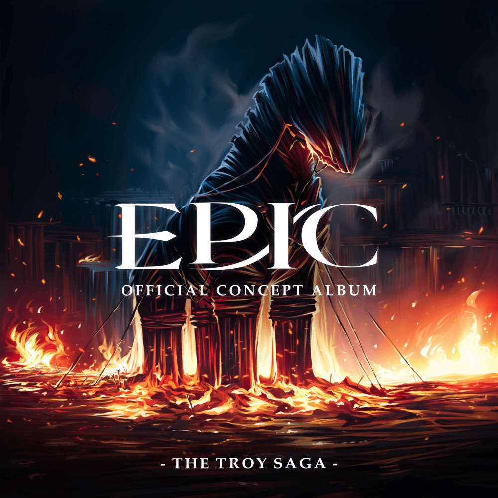 Cover art for EPIC: The Troy Saga concept album: the Trojan horse amid flames